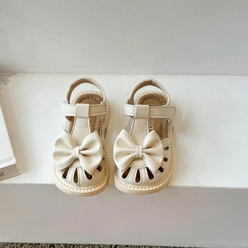 Little Girl's Sandals Hollow-out Bowknot Khaki Beige Cute Kids Sliders Hook-loop Cover Toe T-strap Stylish Children Shoes 23-36