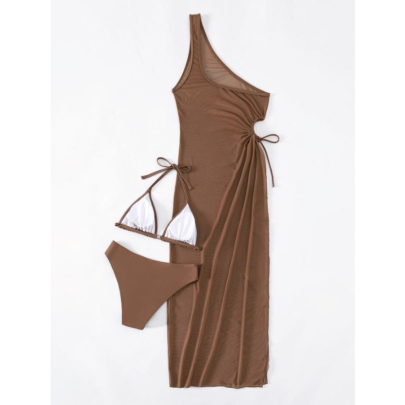 Women's Brown Sheer Mesh Beach Cover Up Dress Side Slit Halter Swimwear Cover Up