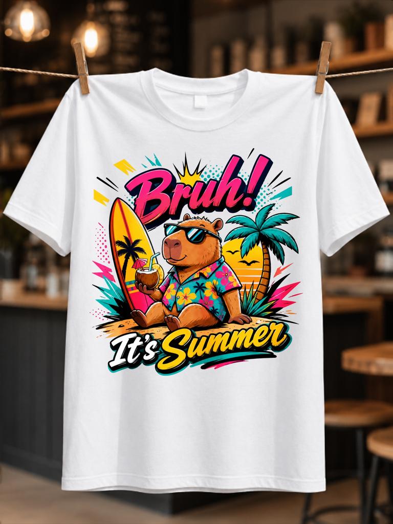 Bruh It Is Summer Neon Comic Ybara Beach Scene With Vivid Tropical Shapes And Bold Lettering Unisex Unisex All Tshirt