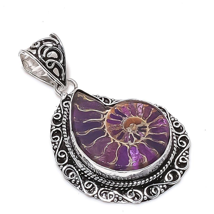 Natural Titanium Ammonite Gemstone 925 Sterling Silver Pendant 2.05  ETC-14040