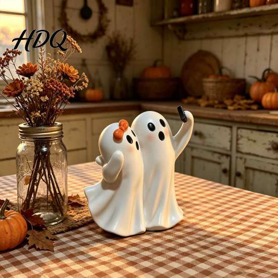 Decorative Ghost for Fireplaces Cute Selfie Figurine, Ghosts Taking Phone Photo Resin Statue, Halloween Matte Craft Figurines Tabletop Decor