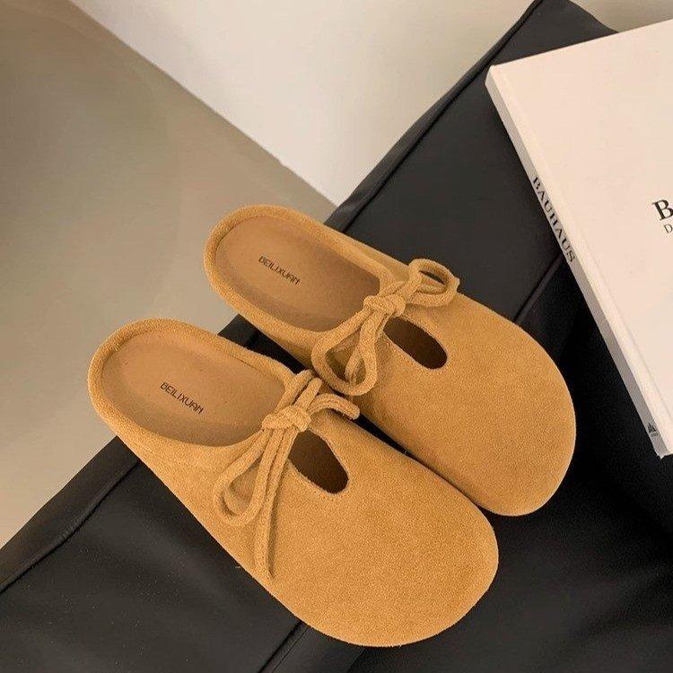 Retro Mori Bag Head Half Slippers Women's Outer Wear 2025 Autumn New College Style Versatile Lace-up Lazy Boken Shoes