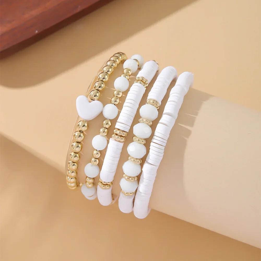 Five Piece Bohemian Bracelet Set Soft Ceramic Elastic Rope Handmade Love Gold Bead Jewelry Christmas Color Fashion Bracelet
