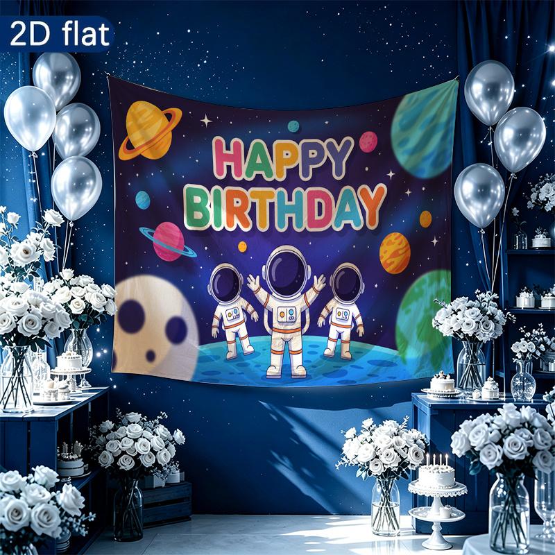 Birthday Party Space Planets Banner, Multicolor Polyester Backdrop for Wall Hanging Decor