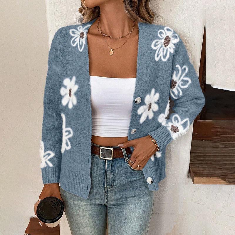 2025 Autumn Winter New European and American Flower Jacquard Pattern Button Front Closure Cardigan Long-sleeved Women's Clothing