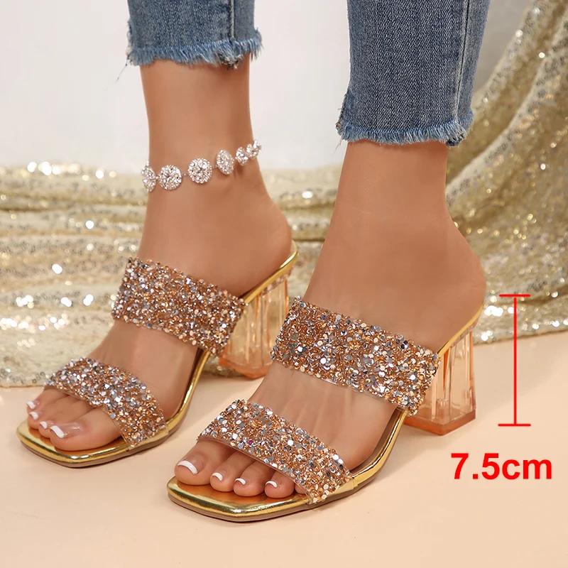 Fashion Gold Silver Sequins High Heels Sandals Women Summer Fashion Square Toe Transparent Heel Slippers Woman Bling Banquet Party Shoes