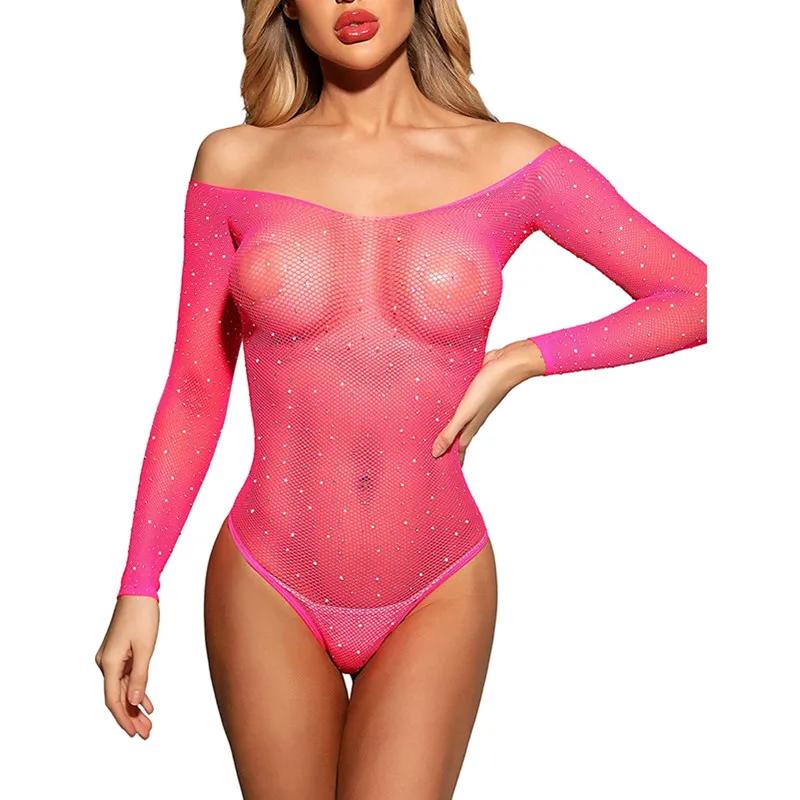 Erotic Stockings Rhinestone Fishnet Lingerie for Women Sexy Crystal Transparent Teddy Mesh Bodystockings Baby Doll Sexy Tights