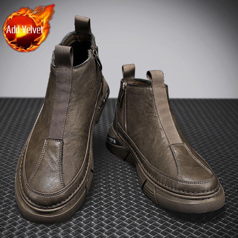 Male Casual Boots Thick Sole Platform Brown Round Toe Velvet Men's Leather Chelsea Shoes Classic Original Low Price In Promotion