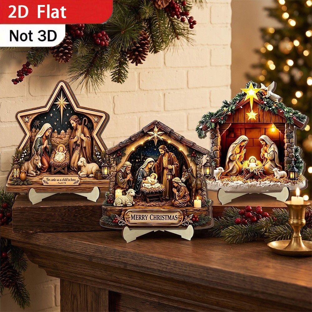 Christian Christmas Nativity Wooden Ornament 2D Flat Nativity Family Wood Plaque Office