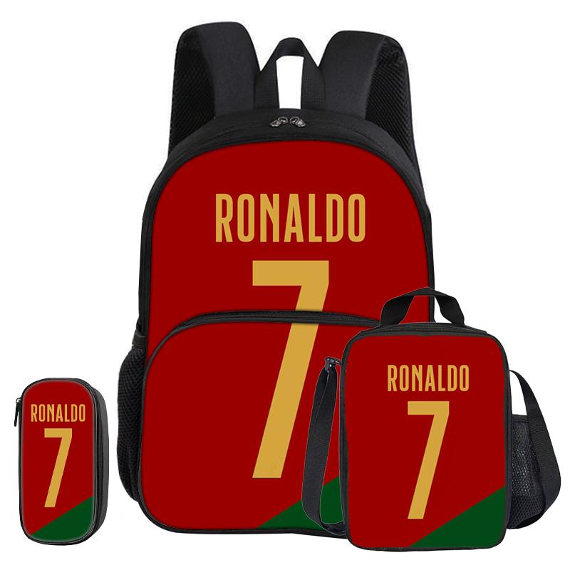 Ronaldo 3 Pcs Set with Front Pocket Backpack Football Sport with Thermal Insulated Lunch Tote Purse CR Football Star Pencil Case