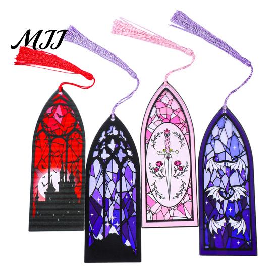 Book Page Marker Stained Glass Art Acrylic Bookmark, Halloween Dark Aesthetic Mark, Transparent Lightweight with Tassel, Gifts for Readers &