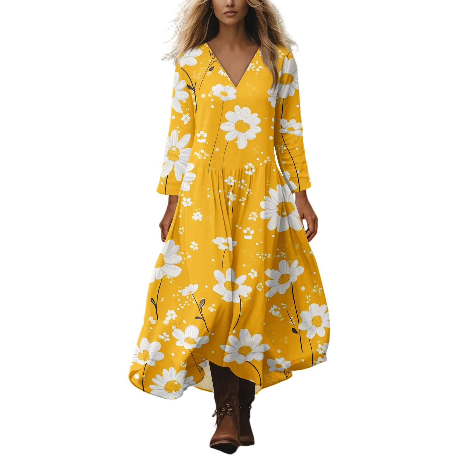 

Женское повседневное и модное платье с круглым вырезом и длинными рукавами средней длины XL жёлтый