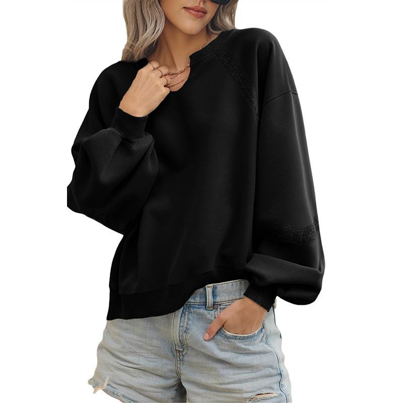 Women s Lace Patchwork V-Neck Long Sleeve Pullover Sweatshirt Casual Solid Color Tops S