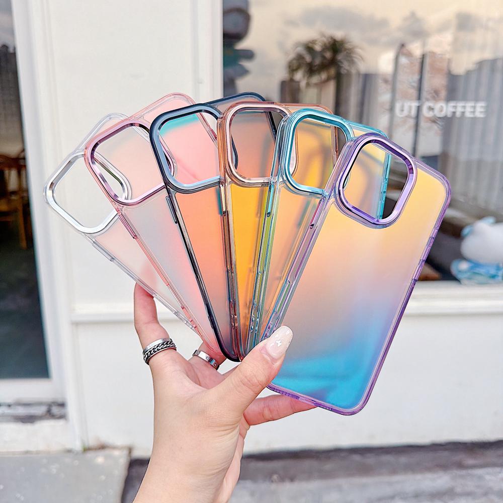 KEYSION Fashion Laser Gradient Colorful Phone Case for iPhone 16 Pro Max Soft TPU+PC Shockproof Back Cover for iPhone 16 Plus