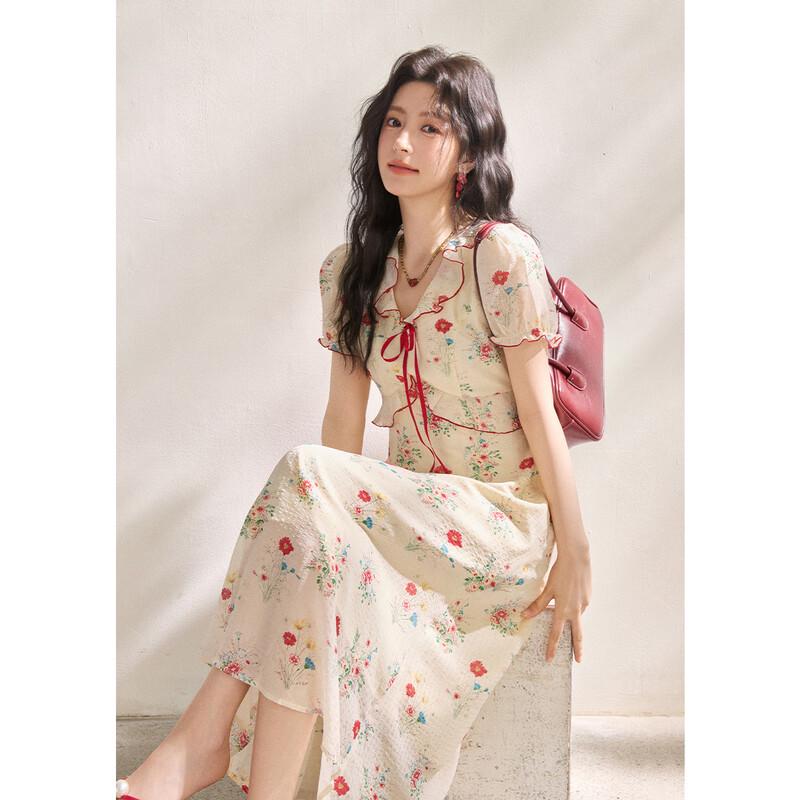 Women's French Retro Floral Chiffon Midi Dress
