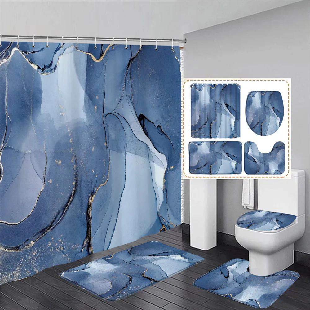 Black Marble Shower Curtain Set White Lines Cracked Pattern Modern Geometric Bathroom Decor Non-Slip Rug Bath Mats Toilet Cover