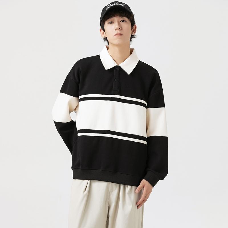 

Women s Korean-Style Casual Trendy Hoodie Loose Striped Pullover Lapel Long-Sleeve Polo Top M чорний