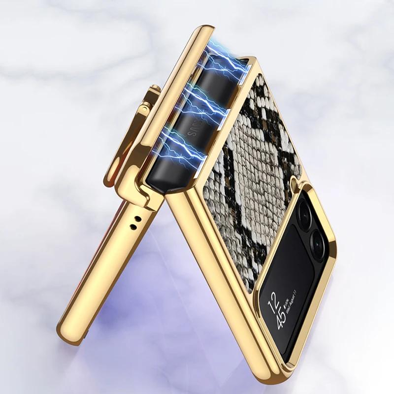 Luxury Plating Leather Case for Samsung Galaxy Z Flip 4 Magnetic All-included Hinge Ring Holder Cover for Galaxy Z Flip4 Case