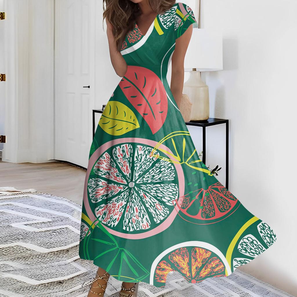 Women's Summer Fruit Printed V-Neck Long Dresses Dresses