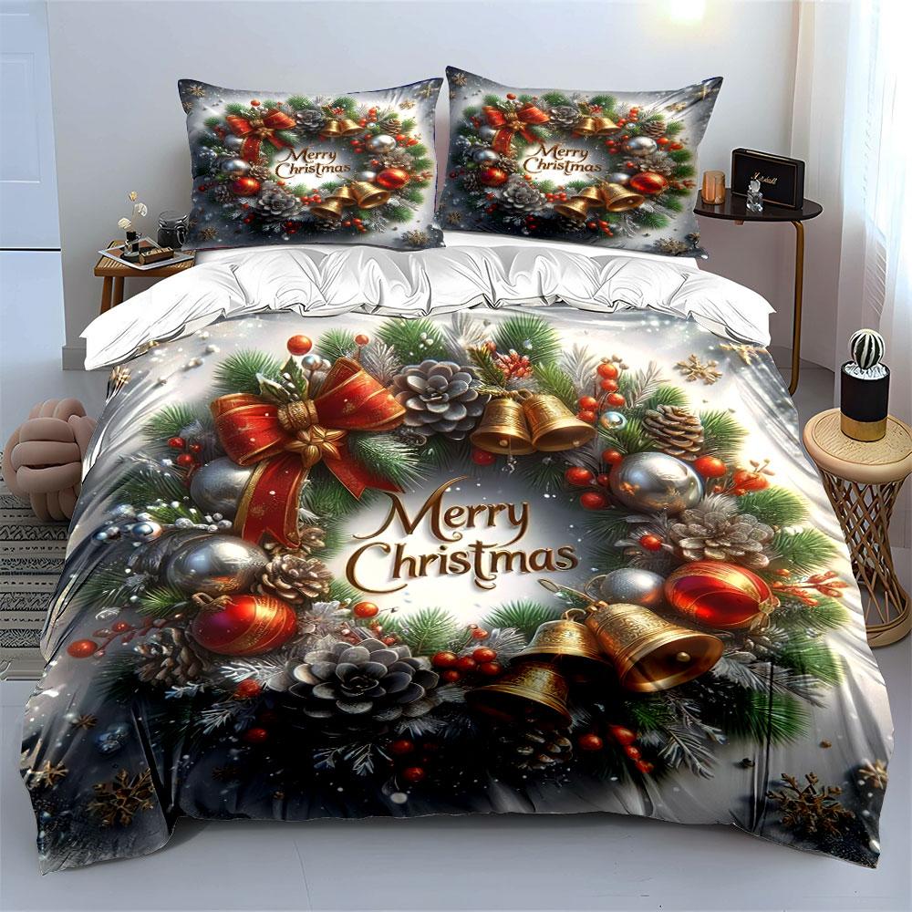 Christmas Wreath with Bells Bedding Duvet Cover Set Duvet Cover Pillowcases (1*Duvet Cover 2*Pillowcases, without duvet insert)