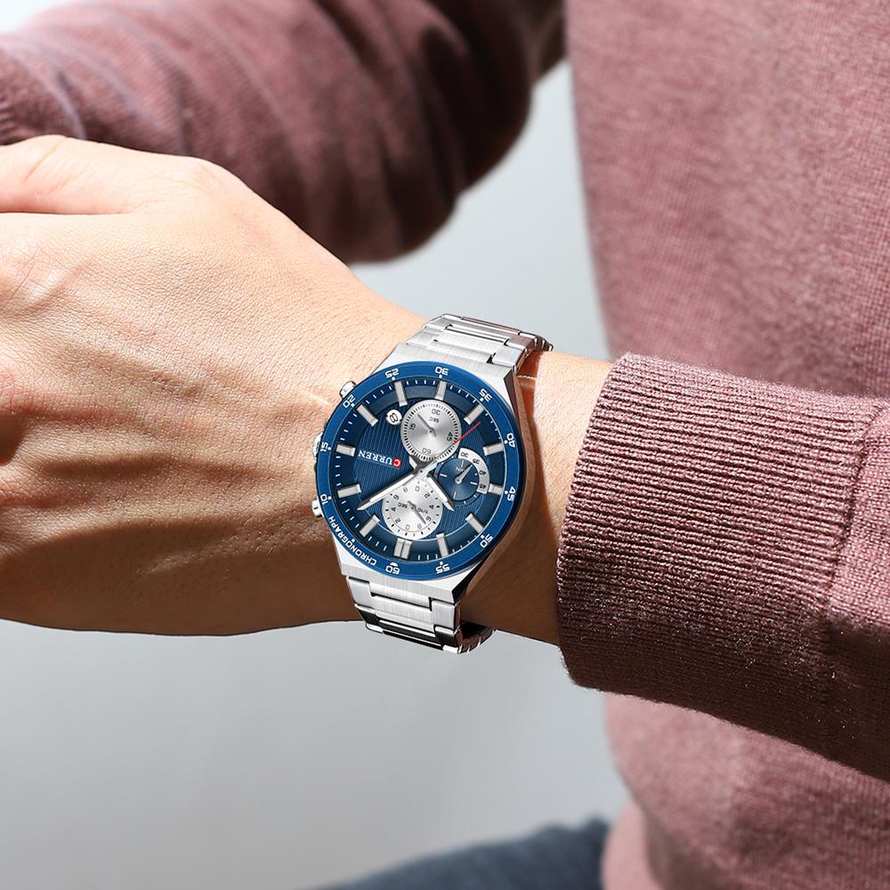 CURREN Sporty Elegant 43mm Men's Chronograph Dial Watch with Stainless Steel Band Luminous Hands Quartzt Wristwatch for Men
