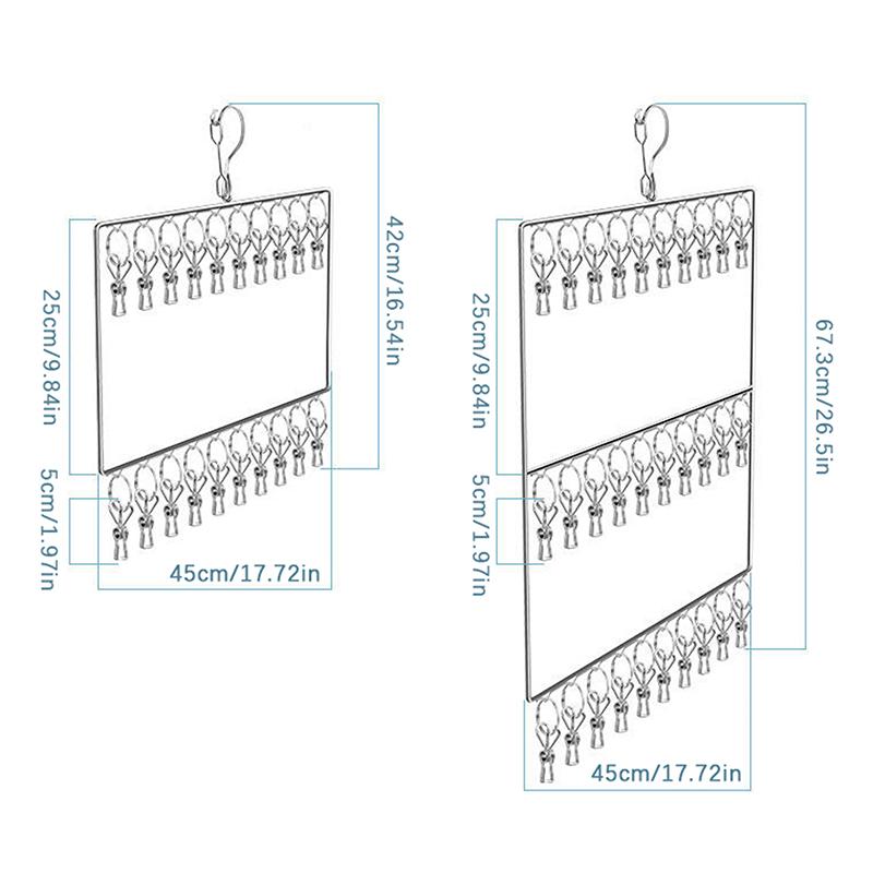 Stainless Steel Foldable Clothes Hanger Laundry Drying Rack With 20/30 Clips Save Space Closet Organizer For Socks Bras Towel