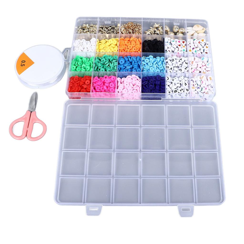 Clay Beads Kit for Bracelet Making 12 Colors 6mm Polymer Flat Round Clay Bead DIY Jewelry Making Accessoies 24 Grids