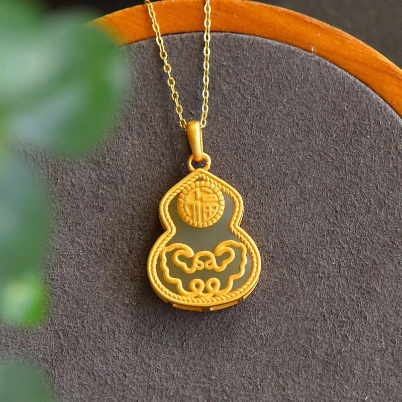 Original Design Natural Hetian White Jade Ping An Ruyi Gourd Pendant Necklace Unique Ancient Gold Craft Charm Ladies Jewelry