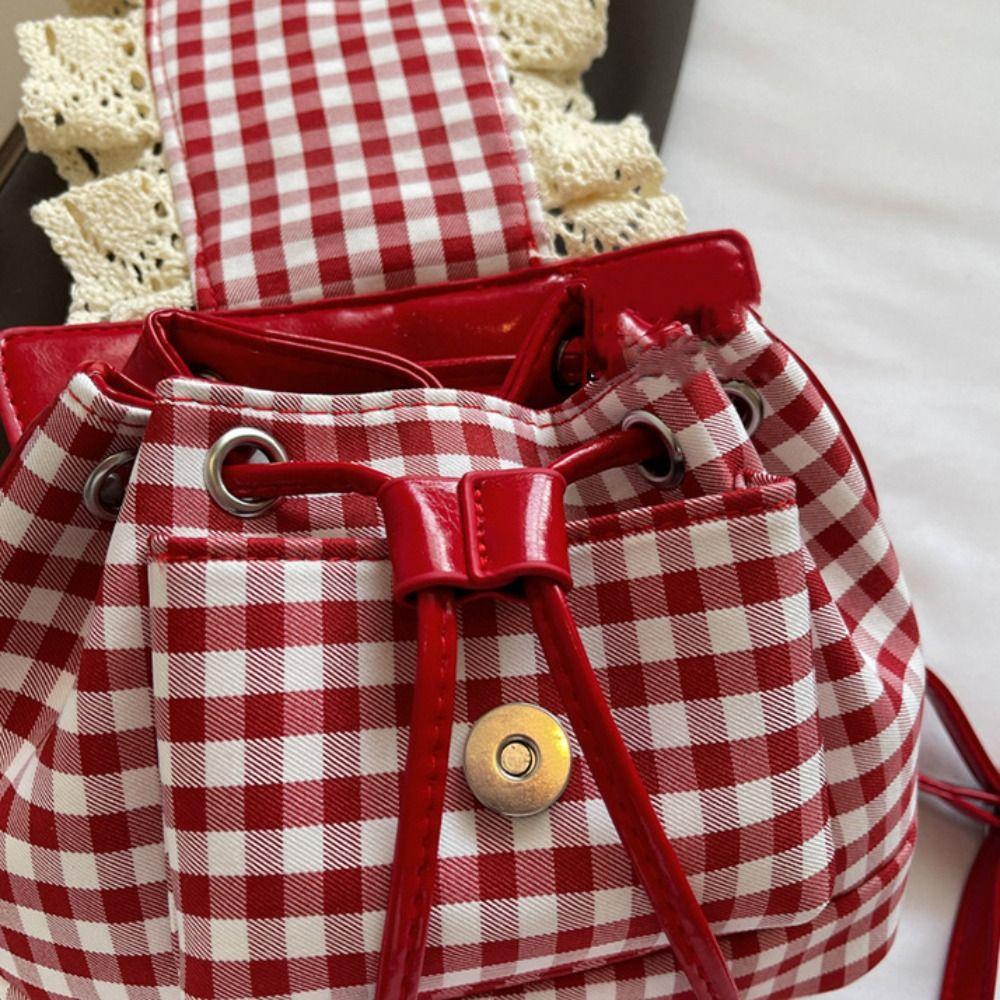 Canvas Lace Plaid Backpack Korean Style Bow Shoulder Bag Multi Functional Cherry Backpack  College