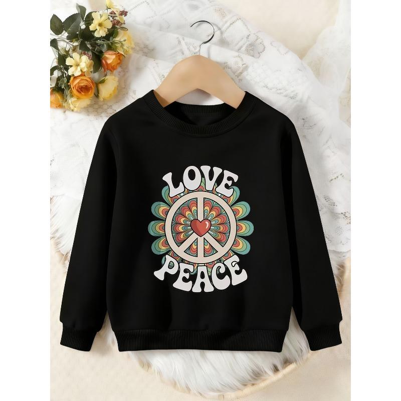Unisex Kids Crewneck Sweatshirt, Retro Love Peace Sign Floral Heart Print Pullover, Boys Girls Casual Sweatshirt For Kids Over 4 Years Old