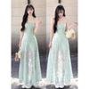 Seaside Vacation Wind Green Suspender Dress Women's Summer Temperament Mesh Stitching Waist Thin A-word Skirt Long Dress