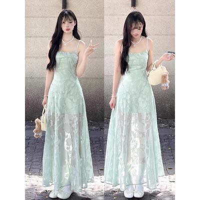 Seaside Vacation Wind Green Suspender Dress Women's Summer Temperament Mesh Stitching Waist Thin A-word Skirt Long Dress