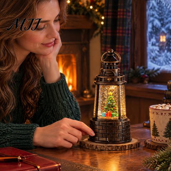 Sparkling Snowflake Christmas Gift Lighthouse Snow Lantern, Musical Lighted Ball Swirling Battery Powered Snowing Lantern Glitter Water for