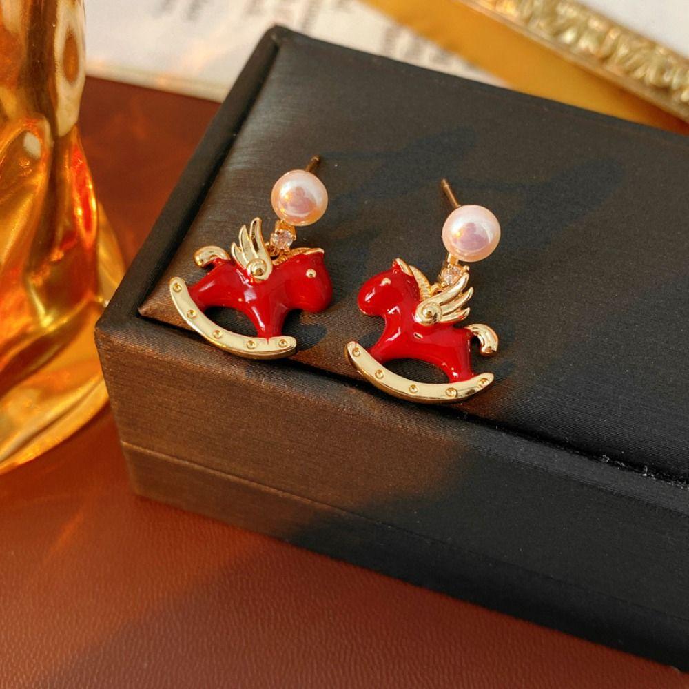 Chinese Horse New Year Cartoon Horse Earrings Zodiac Pony Red Drop Earrings  Lady