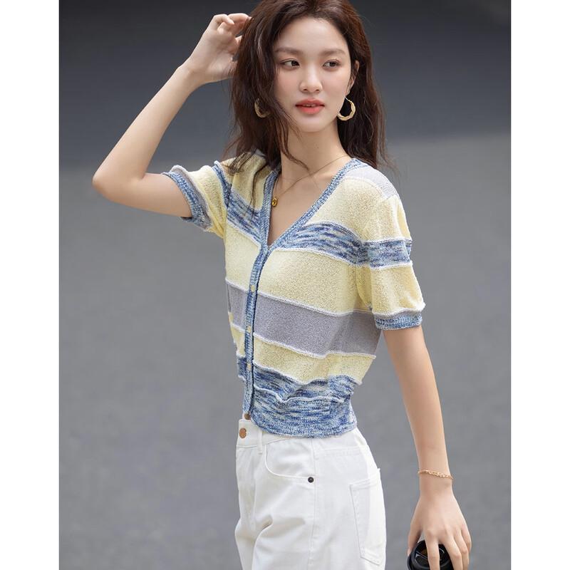 Demana Damen Sommer Petite V-Ausschnitt Color-Block Strick-Cardigan