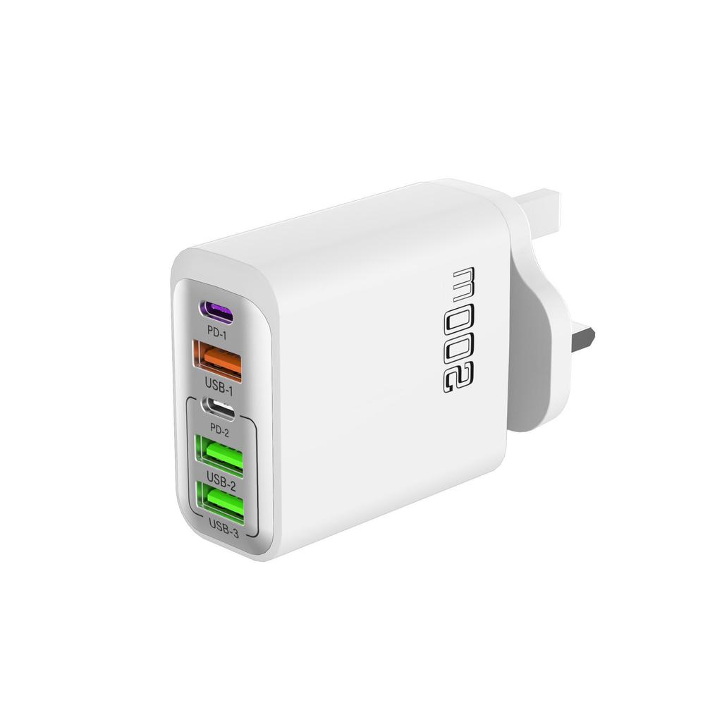 200W Multi-Port Charger with QC3.0 & PD Fast Charging, 3 USB + 2 PD Ports, EU/UK Plug, 5V/4A