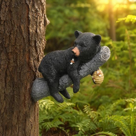Cute Black Bear Cub Garden Statue, Tree Branch Decor with Honeycomb & Bee Accents for Outdoor Yard, Fence or Indoor Wall Decoration