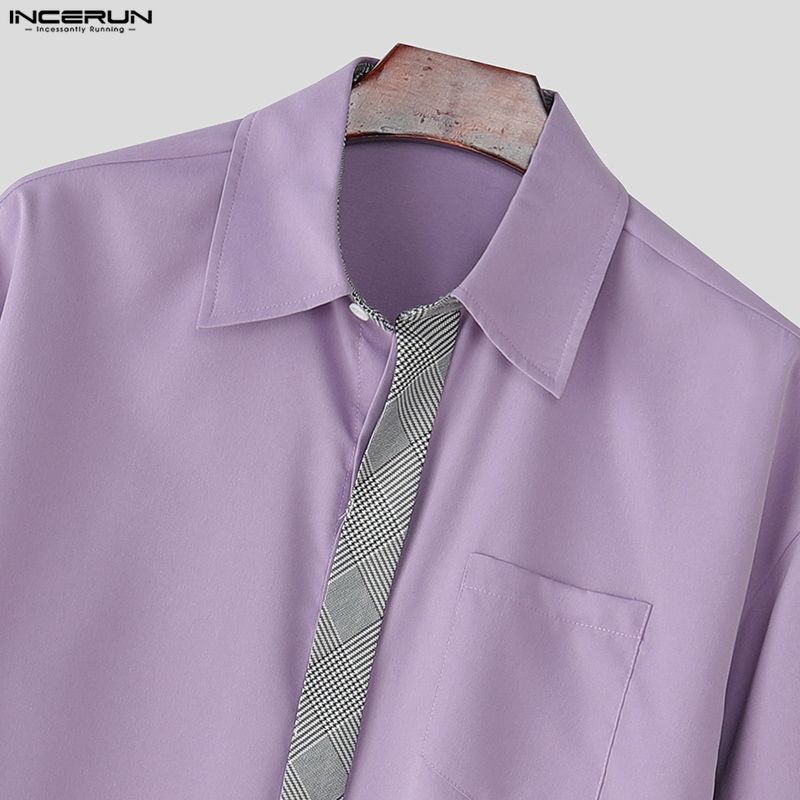 INCERUN Oversized Men Casual Loose Striped Print Patchwork Long Sleeve Shirts Tops