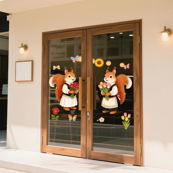Pegatinas de Ventana Zorro de Primavera Zorro de Dibujos Animados Flores Mariposas Pegatina de Cristal Extraíble Animales Lindos Pegatinas de Ventana para Decoración de Hogar Oficina Tienda