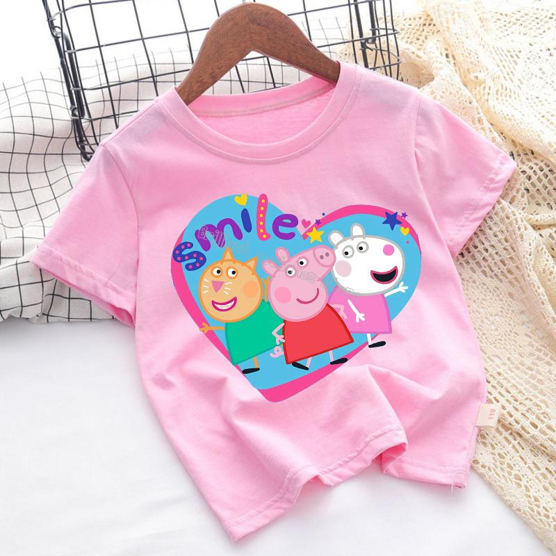 Peppa Pigs T-shirt for Children Cartoon Anime Tee Top Pink Blue Round Collar Clothes Boys Girls Short Sleeve Kids Clothing Gift