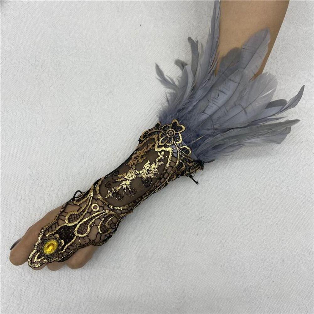 Retro Halloween Feather Cuffs Embroidery Women Feather Lace Glove Halloween Wristband  Festival