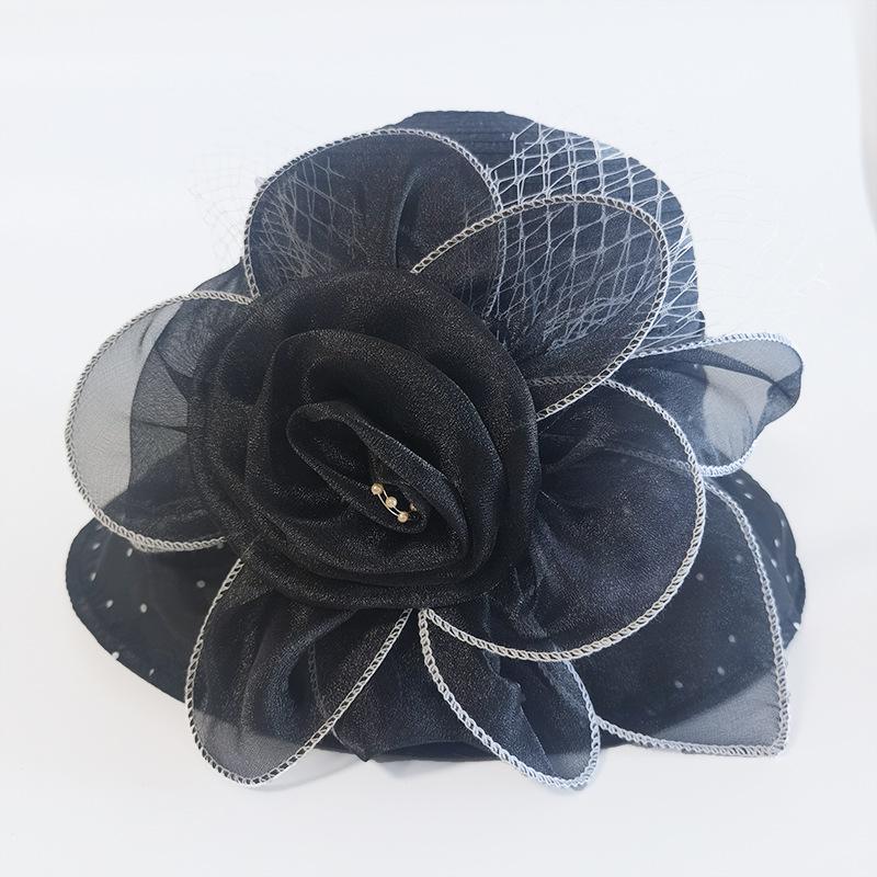 Chapeau de soleil en organza pour femmes avec grande fleur faite à la main, petit bord, protection solaire, fedora en maille européen-américain