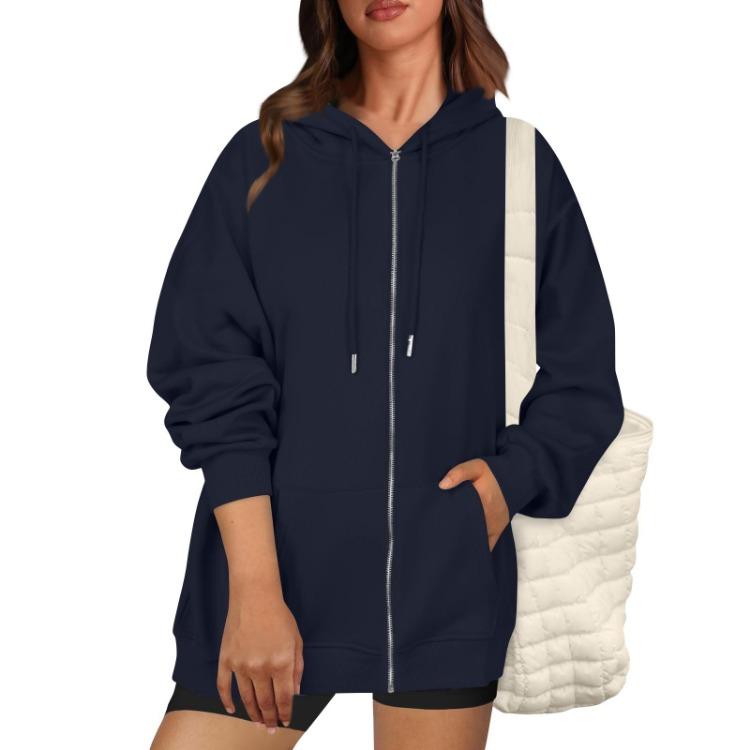 Casual Women Loose Hooded Zip Pocket Sweatshirt Jacket Fashion Top