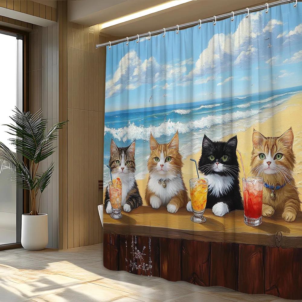1pc Whimsical Kittens Beach Bar Shower Curtain - 4 Cats At Wooden Bar with Drinks, Calico Tortoiseshell Black Tabby & Blue Sky