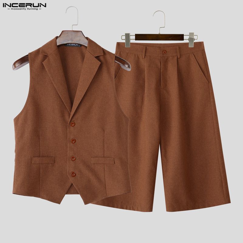INCERUN Two-piece Suits Men Sleeveless Thin Waistcoat and Cropped Pants Sets