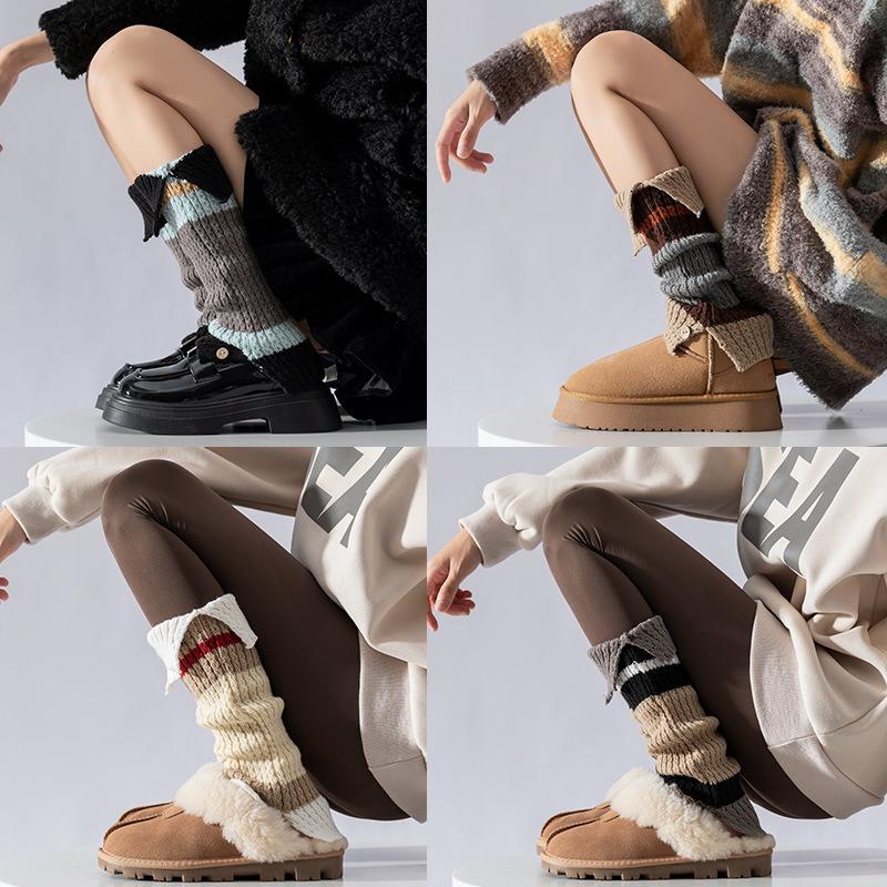 Autumn Winter Color Block Thicken Warm Leg Warners Knitted Wool Foot Covers JK Japanese Simple Harajuku Women Long Stockings New