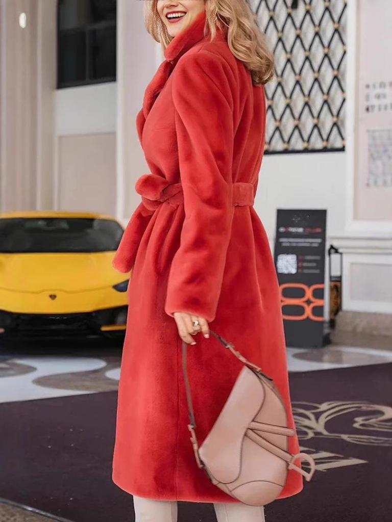 2024 Autumn/Winter Women's Fashion Lapel Tie-Up Plush Long Coat