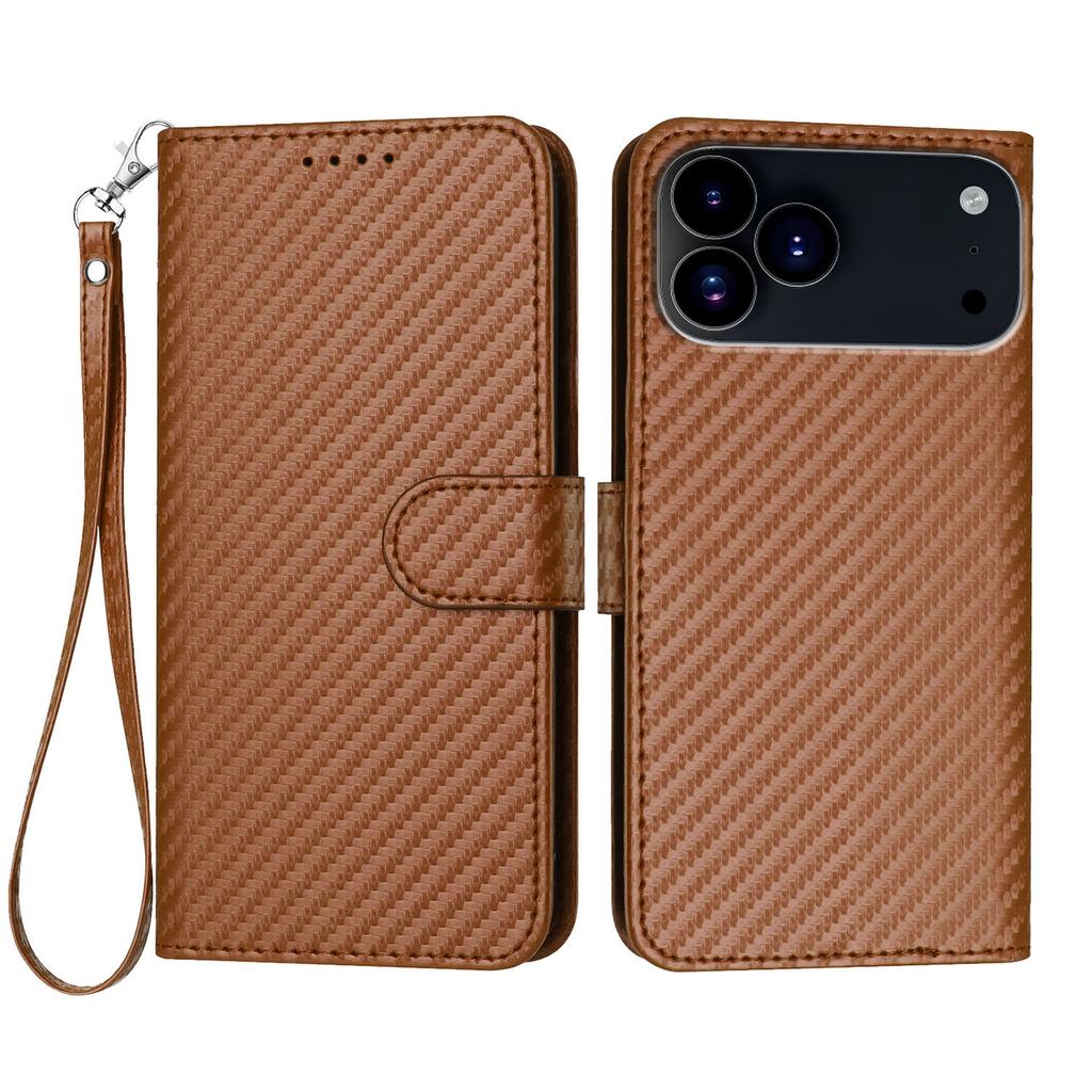 For iPhone 17 Pro Wallet Case with Strap Carbon Fiber Texture Leather Mobile Cover