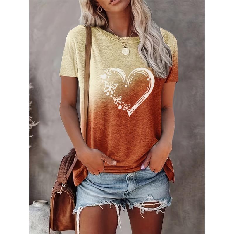 Heart shaped butterfly pattern print contrasting tie dye gradient fashion daily casual round neck short sleeved T-shirt women's new women's top