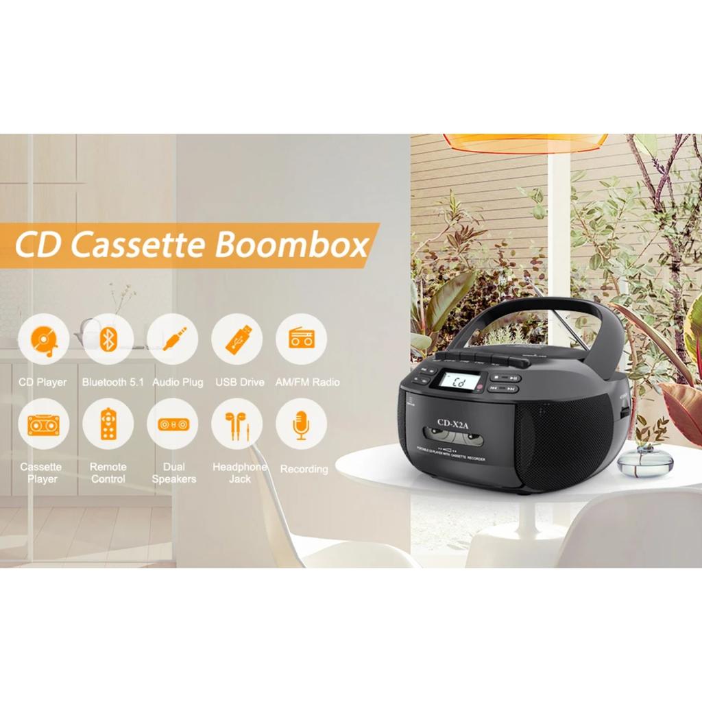Portable CD Boombox with Cassette Player and Recorder CD Radio FM AM with Bluetooth and USB MP3,AC DC Power with Remote Control